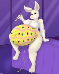  2022 absurd_res anthro arm_support beastars belly big_belly black_eyes bodypaint bottomless bra brush clothed clothing cotton_tail dripping_paint easter easter_egg female haru_(beastars) hi_res holidays lagomorph leporid long_ears looking_at_viewer mammal navel outie_navel paintbrush paws pregnant rabbit sitting smile solo underwear undyingwolf 
