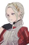  1girl absurdres alternate_costume alternate_hairstyle armor breastplate cape edelgard_von_hresvelg fire_emblem fire_emblem:_three_houses fire_emblem_warriors fire_emblem_warriors:_three_hopes gloves hair_ornament hair_ribbon highres korean_commentary l_uyp long_hair official_alternate_costume official_alternate_hairstyle purple_eyes red_cape ribbon simple_background solo white_hair 