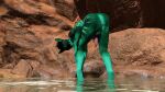  3d_(artwork) anthro backsack balls bent_legs bent_over black_hair black_nose butt canyon digital_media_(artwork) earthclan3d fur genitals green_balls green_body green_fur hair looking_at_viewer looking_back male outside penis pink_penis red_eyes solo standing standing_in_water striped_body striped_fur stripes wide_stance 