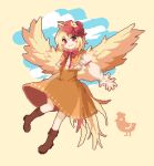  1girl animal_on_head bird bird_on_head bird_tail bird_wings blonde_hair brown_dress chick chicken cloud dress feathered_wings hui_mi_(hennji_echo) niwatari_kutaka on_head orange_dress pixel_art simple_background sky tail tail_feathers wings yellow_wings 