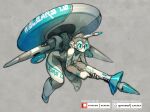  1girl blue-tinted_eyewear blue_theme bodysuit english_commentary fake_horns flying goggles grey_background gun helmet highres holding holding_gun holding_weapon horned_helmet horns mecha_musume mechanical_wings original radar_dish science_fiction single_horn solo tinted_eyewear weapon wings xaxaxa 