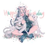  1girl :d absurdres alternate_costume animal_ears arknights bangs blue_footwear closed_mouth facing_viewer happy_birthday highres indian_style indra_(arknights) jacket long_hair long_sleeves open_mouth shoes silver_hair sitting smile sneakers solo tiger tiger_cub tiger_ears towne 