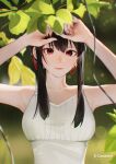  1girl absurdres armpits arms_up artist_name bangs bare_shoulders black_hair blurry blurry_foreground collarbone earrings hair_ornament highres jewelry leaf lips long_hair looking_at_viewer lufi_ays photo-referenced red_eyes sleeveless solo spy_x_family yor_briar 
