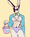  abs anthro basket bottomwear bow_tie clothing container cross-popping_vein easter easter_basket easter_egg eebahdeebah facial_scar grumpy half-closed_eyes harness hi_res holidays hotpants inner_ear_fluff lagomorph lars_(eebahdeebah) leporid male mammal muscle_tone muscular muscular_anthro muscular_male narrowed_eyes pecs pubes pubes_exposed rabbit scar scars_all_over shirtless_sleeves shorts simple_background solo tuft yellow_background 