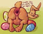  2022 anal_juice anthro anus balls blush bodily_fluids buckteeth butt butt_focus easter easter_bunny easter_egg egg feet flirting foot_fetish fur gaping gaping_anus genitals grass hare hi_res hindpaw holidays implied_oviposition lagomorph leporid long_ears loose_anus male mammal musk paws perineum plant presenting presenting_anus presenting_balls puffy_anus rabbit rear_view soles solo stretched_anus stretching sweat sweaty_balls sweaty_butt sweaty_genitalia teeth teitoryu text wet yellow_body yellow_fur 