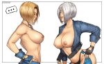  2girls angel_(kof) baggy_pants bare_arms bare_back bare_shoulders blonde_hair blue_mary blush breasts chaps cropped_jacket erodrunky hair_over_one_eye highres jacket large_breasts leather leather_jacket multiple_girls navel nipples pants snk straight_hair the_king_of_fighters the_king_of_fighters_xiv toned topless 