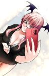  1girl bat_wings bespectacled black_shirt blush bra bra_peek breasts cellphone cleavage collarbone cowboy_shot dutch_angle foreshortening glasses head_wings holding holding_phone koakuma large_breasts light_smile long_hair long_sleeves phone pointy_ears red-framed_eyewear red_eyes red_hair selfie shirt sidelocks simple_background smartphone solo taking_picture touhou underwear white_background wings yumi_(careca398) 