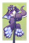  4_toes absurd_res anthro barefoot blue_pawpads breasts butt capcom claws dialogue dominant dominant_female dragon feet female flying_wyvern foot_fetish foot_focus foot_play fur hi_res leash lying monster_hunter multicolored_body multicolored_fur nargacuga pawpads paws purple_body purple_fur rz54 scarf simple_background soles solo teasing toe_claws toes tongue tongue_out video_games white_body wings 
