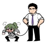  1boy 1girl blush collar green_eyes green_hair gremlin holding holding_leash igarashi_futaba_(shiromanta) leash long_hair pan_ccp ponytail senpai_ga_uzai_kouhai_no_hanashi short_hair sidelocks size_difference takeda_harumi_(shiromanta) tantrum 