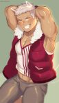  armpits arms_up axel_(danshin) bara face facing_viewer highres ibarakidoujin lineart male_focus muscular muscular_male smile thick_eyebrows thick_thighs thighs white_hair yaoi yellow_eyes 