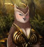  anthro anthrofied armor avian beak big_breasts bird blush breastplate breasts brown_body brown_feathers clothed clothing curvy_figure detailed_background feathered_wings feathers female feral forest green_eyes huge_breasts hybrid longclaw_(sonic) looking_at_viewer looking_pleasured mammal non-mammal_breasts owl plant sega slightly_chubby smile solo solo_focus sonic_the_hedgehog_(film) sonic_the_hedgehog_(series) standing tree uhmsprs voluptuous wings 
