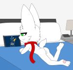  anthro anus bed butt e621 female furniture genitals hi_res lagomorph leporid lying mammal on_front pawpads pillow pussy rabbit roguecolonel303 scarf solo tablet 