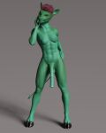  3d_(artwork) 5_fingers abs animal_genitalia animal_penis anthro areola athletic athletic_gynomorph athletic_intersex balls blue_areola blue_nipples bovid colored_nails contrapposto digital_media_(artwork) earthclan3d equine_penis fingers flaccid genitals green_balls green_body green_breasts green_nose green_penis green_skin green_tail grey_background gynomorph hair hand_on_face hand_on_hip hi_res hooves intersex mammal medial_ring muscular_thighs nails nipples penis pink_eyes pinup pose red_hair shadow simple_background smile solo spade_tail standing tan_(earthclan) white_nails wide_stance 