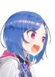  12_graka 1girl :d absurdres blue_bow blue_hair bow dolphin_hair_ornament fang highres nijisanji nishizono_chigusa open_mouth pink_eyes short_hair simple_background skin_fang smile solo upper_body virtual_youtuber white_background 