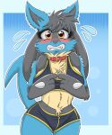 2022 absurd_res anthro blue_body blue_fur blush bodily_fluids breasts canid clothed clothing collar embarrassed fangs female fur hi_res looking_at_viewer lucario mammal nintendo pok&eacute;mon pok&eacute;mon_(species) saikyoryuuougi shy simple_background solo spikes spikes_(anatomy) sweat sweatdrop thick_thighs video_games 