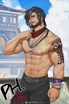  1boy abs avatar_(ff14) bara black_hair chinese_commentary commentary_request commission final_fantasy final_fantasy_xiv highres large_pectorals male_focus mature_male muscular muscular_male navel nipples pectorals peterhl solo stomach topless topless_male 