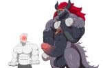  2022 abs anatake anon anthro balls barazoku biceps big_balls big_muscles big_penis blush bodily_fluids bottomwear clothed clothed/nude clothing demon_lord_dragon_batzz dragon dumbbell duo erection exercise flustered future_card_buddyfight genitals hair hi_res horn huge_balls huge_muscles huge_penis human humanoid_genitalia humanoid_penis looking_at_another male mammal markings muscular muscular_anthro muscular_human muscular_male navel non-mammal_balls nude obliques pecs penis scales scalie simple_background size_difference standing sweat thick_penis thick_thighs topless topless_human topless_male vein veiny_muscles veiny_penis weightlifting weights white_background workout 