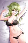  1girl absurdres armpits arms_up black_bra black_panties blush bow bow_bra bra braid breasts cleavage cowboy_shot earrings fang glasses green_eyes green_hair groin highres honkai_(series) honkai_impact_3rd jewelry lace-trimmed_bra lace_trim long_hair looking_at_viewer lying medium_breasts midriff mobius_(honkai_impact) mole mole_on_breast naughty_face navel on_back on_bed panties penguin_uwu side-tie_panties slit_pupils smile solo thighs underwear underwear_only 