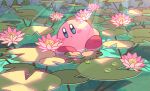  1other :o algae blue_eyes blush_stickers colored_skin day facing_viewer flower kirby kirby_(series) light_rays lily_pad looking_away lotus moss mutekyan no_humans outdoors partially_submerged pink_skin rock solo water water_drop 