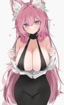  1girl animal_ear_fluff animal_ears bare_shoulders breasts cleavage collarbone dress fate/extra fate/grand_order fate_(series) fox_ears fox_girl hair_between_eyes highres large_breasts long_hair looking_at_viewer mikozin pink_hair revealing_clothes smile solo tamamo_(fate) tamamo_no_mae_(fate/extra) undressing very_long_hair 