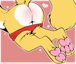  3_toes ambiguous_gender anthro butt canid canine clothed clothing feet fur girly hindpaw mammal partially_clothed pawpads paws pink_pawpads presenting slushie-nyappy-paws solo submissive toes yellow_body yellow_fur 