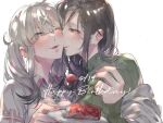  2girls backlighting black_hair blush brown_eyes cake collared_shirt commentary_request dated food fork fruit green_sweater hair_ornament happy_birthday highres holding holding_fork holding_plate imminent_kiss kiss kissing_cheek long_sleeves looking_at_another multiple_girls nijisanji one_eye_closed parted_lips pink_eyes pink_nails plate shirayuki_tomoe shirt shuu-0208 sleeves_past_wrists strawberry sukoya_kana sweater turtleneck turtleneck_sweater twintails upper_body virtual_youtuber white_background white_hair white_shirt x_hair_ornament yuri 