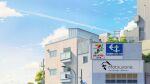  balcony blue_sky building cityscape cloud english_commentary fence highres isbeyvan japan lamppost no_humans original outdoors power_lines restaurant road_sign scenery sign sky torii utility_pole window 