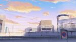  building cityscape cloud commentary_request fence highres isbeyvan japan lamppost no_humans original outdoors purple_sky reflection road_sign scenery sign sky sunset window 