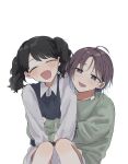  2girls :d ^_^ ^o^ absurdres ahoge asakura_tooru black_hair blush closed_eyes earrings fangs fukumaru_koito green_shirt highres hug hug_from_behind idolmaster idolmaster_shiny_colors jewelry light_purple_hair mukawa_(mkwoniti) multiple_girls shirt short_hair simple_background sitting sitting_on_person skin_fangs smile twintails white_background 