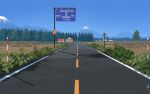  blue_sky building commentary_request farm house mountain no_humans original outdoors plant road road_sign rural scenery shadow sign signature sky speed_limit_sign tateyuki tree watermark 