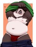  2022 anthro belly big_belly black_body blush bulge clothing giant_panda humanoid_hands kemono male mammal meg_hoi moobs navel nipples overweight overweight_male question_mark solo underwear undressing ursid white_body 