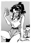  1boy 1girl alcohol beer blush breasts drink drinking greyscale highres holding holding_drink ikari_shinji katsuragi_misato kinuko_(kinucakes) monochrome neon_genesis_evangelion ponytail short_shorts shorts sidelocks tank_top 