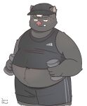  2022 absurd_res anthro belly big_belly black_body bodily_fluids bottomwear clothing domestic_pig hat headgear headwear hi_res humanoid_hands jamiephut kemono male mammal overweight overweight_male shirt shorts simple_background solo suid suina sus_(pig) sweat topwear white_background 