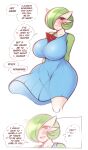  2022 absurd_res big_breasts blue_clothing blue_dress blush blush_lines breasts clothed clothing dialogue dress english_text female gardevoir genitals green_body green_hair hair hi_res hornyvoir huge_breasts humanoid nintendo not_furry open_mouth pok&eacute;mon pok&eacute;mon_(species) pussy red_eyes saltyxodium smile solo speech_bubble teeth text tongue video_games white_body 