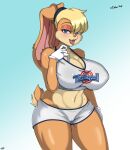  2021 accessory anthro artist_name big_breasts blonde_hair blue_eyes bodily_fluids bottomwear breasts buckteeth camel_toe cleavage clothed clothing english_text eyelashes female floppy_ears fur gloves hair hair_accessory hairband half-closed_eyes handwear hi_res huge_breasts lagomorph leporid lola_bunny long_ears looking_at_viewer looney_tunes mammal midriff narrowed_eyes navel nipple_outline open_mouth open_smile pink_nose pitohui-douji rabbit saliva shirt short_hair shorts simple_background smile solo space_jam standing sweat tan_body tan_fur tank_top teeth text tongue tongue_out topwear warner_brothers 