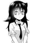  1girl :3 absurdres bags_under_eyes bangs blush breasts closed_mouth collared_shirt commentary eyebrows_visible_through_hair greyscale hair_between_eyes highres kuroki_tomoko long_hair looking_at_viewer monochrome necktie nervous_smile school_uniform shirt short_sleeves simple_background small_breasts solo upper_body v_arms wata9mm_no watashi_ga_motenai_no_wa_dou_kangaetemo_omaera_ga_warui! white_background 