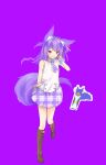  .live 1girl absurdres animal_ear_fluff animal_ears blue_background blue_hair boots highres long_hair looking_at_viewer microphone necktie open_mouth rascala39 ribbon rurun_rururica shirt simple_background skirt smile solo standing tail virtual_youtuber 