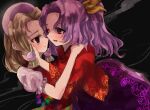  2girls absurdres blonde_hair bow dark_background dress face-to-face forehead hair_bow hair_ornament hand_on_another&#039;s_face hand_on_another&#039;s_shoulder hara22hara highres japanese_clothes komakusa_sannyo long_sleeves magatama medium_hair multiple_girls orb ponytail purple_hair purple_skirt red_eyes red_shirt shirt short_sleeves skirt smoke smoke_trail tamatsukuri_misumaru touhou upper_body yellow_bow yuri 