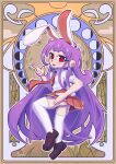 1girl absurdres animal_ears blush finger_gun full_body highres long_hair looking_at_viewer manncho moon_phases necktie open_mouth outline pleated_skirt purple_hair rabbit_ears red_eyes reisen_udongein_inaba shirt shoes short_sleeves skirt solo thighhighs touhou very_long_hair white_legwear white_outline 