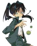  1girl amasawa_yuuko black_hair buttons clenched_teeth creature dennou_coil green_eyes highres hirari_in jacket long_hair midriff_peek no_pupils open_clothes open_jacket parted_lips safety_glasses teeth twintails white_eyes 