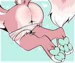 3_toes anthro butt canid canine clothed clothing feet fox fur girly green_pawpads hindpaw hybrid male mammal mephitid partially_clothed pawpads paws pink_body pink_fur presenting skunk slushie-nyappy-paws solo submissive toes 