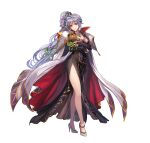  1girl absurdres armor bangs book breasts cape commentary_request dress fire_emblem fire_emblem:_genealogy_of_the_holy_war fire_emblem_heroes hair_ornament high_heels highres ishtar_(fire_emblem) jewelry long_dress long_hair nijihayashi offcial_art ponytail purple_eyes purple_hair shoulder_armor simple_background solo white_background 