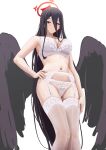  1girl bangs bare_shoulders black_hair black_wings blush bra breasts chela77 cleavage collarbone garter_belt halo hasumi_(blue_archive) highres large_breasts long_hair looking_at_viewer low_wings mole mole_under_eye navel panties red_eyes smile solo thighhighs thighs underwear very_long_hair white_bra white_legwear white_panties wings 