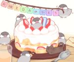  animal animal_focus bird cake cup drink drinking_glass envelope food fruit java_sparrow mouth_hold no_humans original sakurato_ototo_shizuku spork strawberry string_of_flags table translation_request white_background 