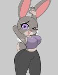 absurd_res anthro bodily_fluids breasts disney exercise female hand_behind_head hi_res judy_hopps lagomorph leporid looking_at_viewer mammal midriff one_eye_closed onibi rabbit raised_arm simple_background solo sweat workout workout_clothing zootopia 