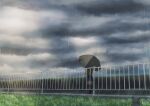  1girl absurdres artist_name blue_skirt cloud dark_clouds english_commentary fence grass highres holding holding_umbrella instagram_username isbeyvan original outdoors rain scenery skirt solo sweater umbrella watermark wide_shot yellow_sweater 
