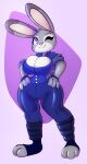  anthro big_breasts breasts cleavage_cutout clothing disney female fingerless_gloves gloves handwear hi_res judy_hopps lagomorph leporid mammal one_eye_closed rabbit solo solratic wide_hips wink zootopia 