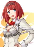  1girl ark_royal_(kancolle) bangs blue_eyes blush bob_cut breasts cleavage dated eyebrows_visible_through_hair flower hand_on_hip highres izumikuma kantai_collection long_sleeves one-hour_drawing_challenge red_flower red_hair red_rose rose simple_background small_breasts solo tiara twitter_username two-tone_background upper_body 