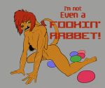  abs alien all_fours angry anthro bodily_fluids breasts dialogue easter egg female fur genital_fluids green_eyes hair hi_res holidays mya-kin nude orange_body orange_fur oviposition pussy_juice red_hair remwithpen scar short_hair small_breasts solo ysa_(remwithpen) 