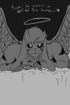  asriel_dreemurr aureola blackpatapon claws dialogue feathered_wings feathers finger_claws hi_res horn male markings monochrome muscular muscular_male simple_background simple_eyes solo undertale undertale_(series) video_games wings 